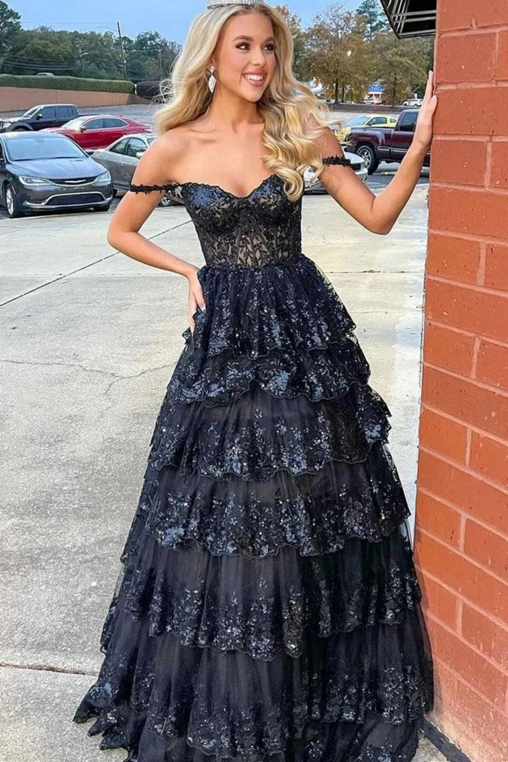 Wholesale Sparkly Gorgeous A-Line Off The Shoulder Long Prom Dress with Sequin Appliques long prom dresses with sleeves