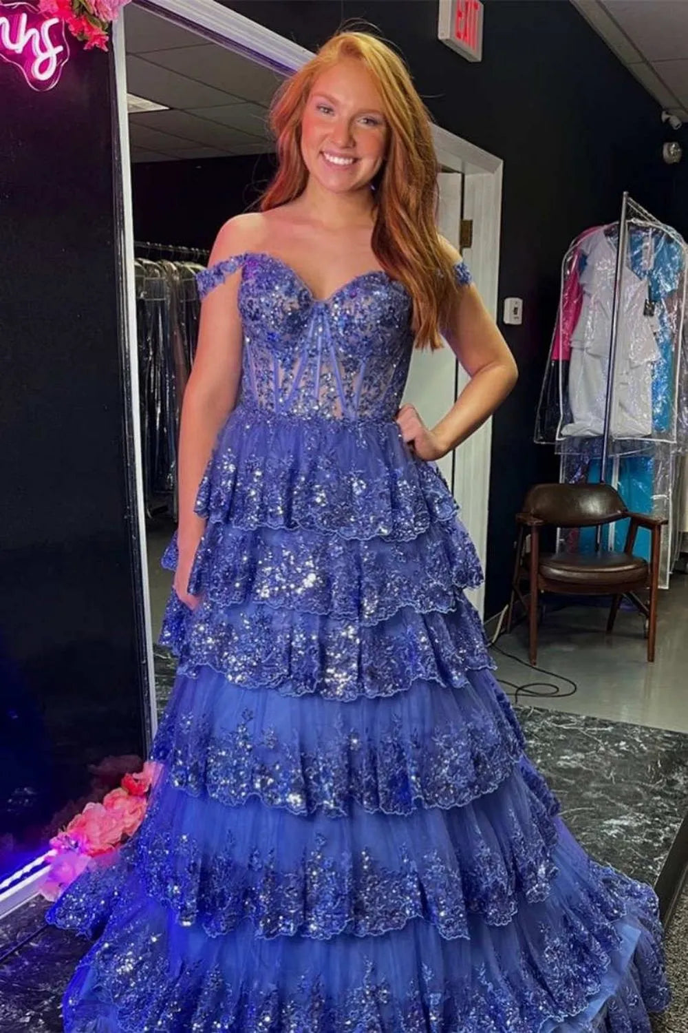 Wholesale Sparkly Gorgeous A-Line Off The Shoulder Long Prom Dress with Sequin Appliques long prom dresses with sleeves