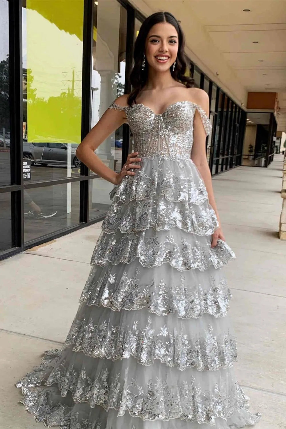 Wholesale Sparkly Gorgeous A-Line Off The Shoulder Long Prom Dress with Sequin Appliques long prom dresses with sleeves