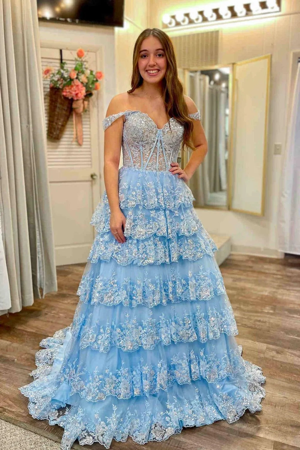 Wholesale Sparkly Gorgeous A-Line Off The Shoulder Long Prom Dress with Sequin Appliques long prom dresses with sleeves