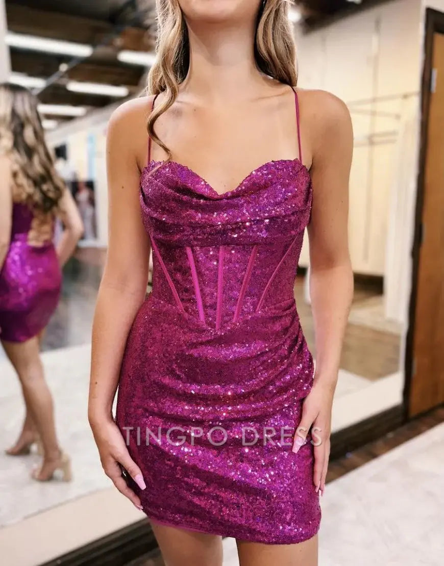 TingPo Wholesale Elegant Sparkly Hot Pink Spaghetti Straps Short Tight Homecoming Dress formal wear dresses