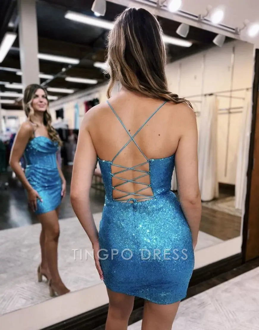 TingPo Wholesale Elegant Sparkly Blue Spaghetti Straps Short Tight Homecoming Dress formal wear dresses