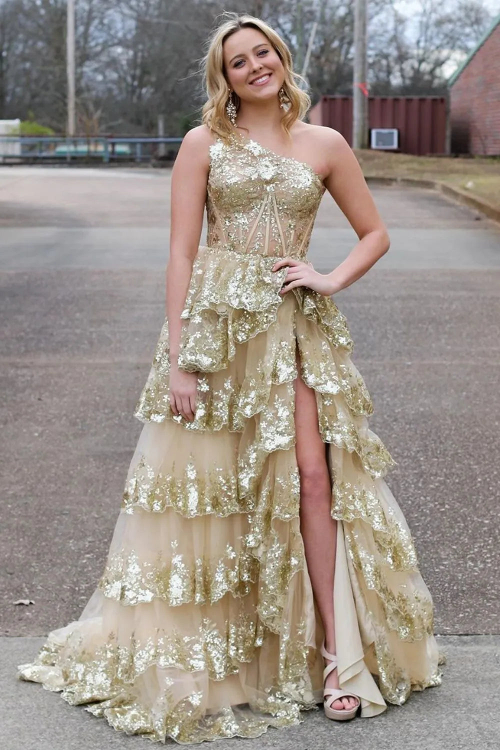 Wholesale Sparkly One Shoulder A-Line Sweep Train Tiered Prom Dress with Split prom dresses with long sleeves
