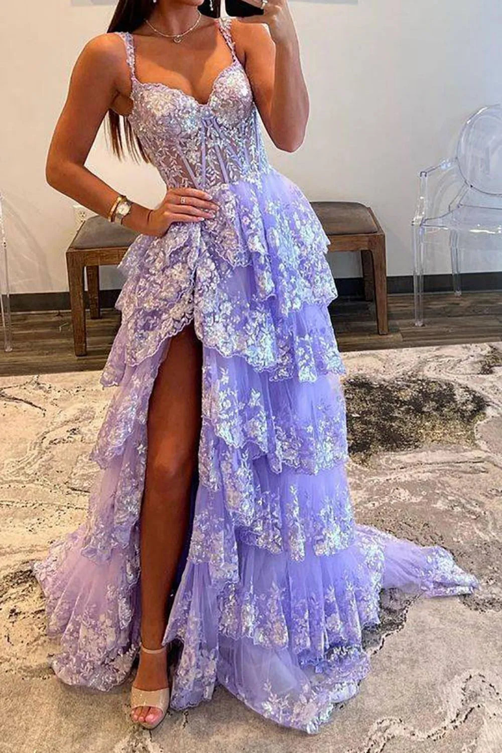 Wholesale Stunning Glitter A-Line Off The Shoulder Long Tiered Prom Dress With Split prom dresses with long sleeves
