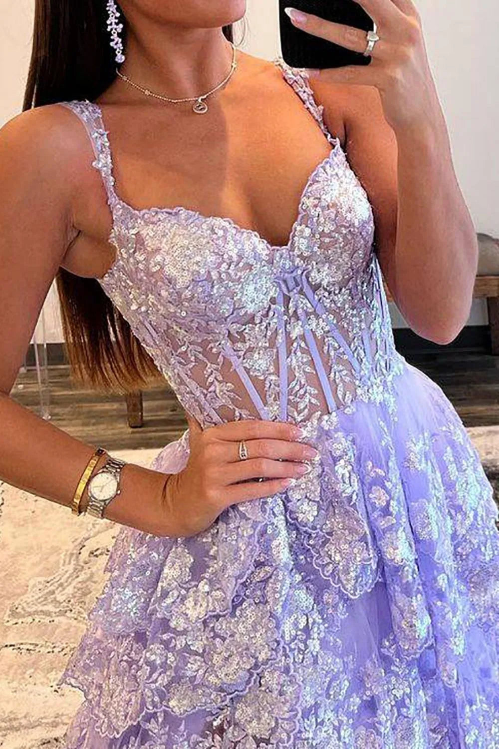 Wholesale Stunning Glitter A-Line Off The Shoulder Long Tiered Prom Dress With Split prom dresses with long sleeves