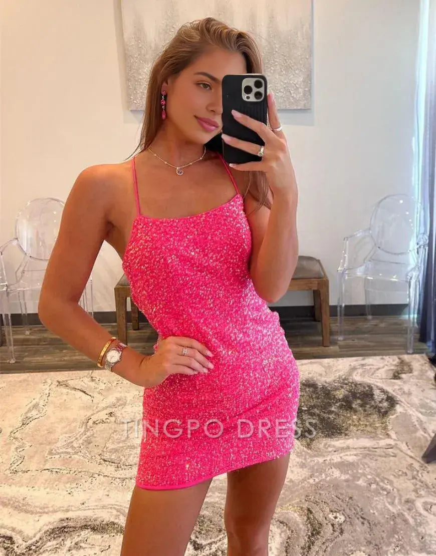 TingPo Wholesale Elegant Sparkly Sequin Hot Pink Spaghetti Straps Tight Homecoming Dress formal wear dresses