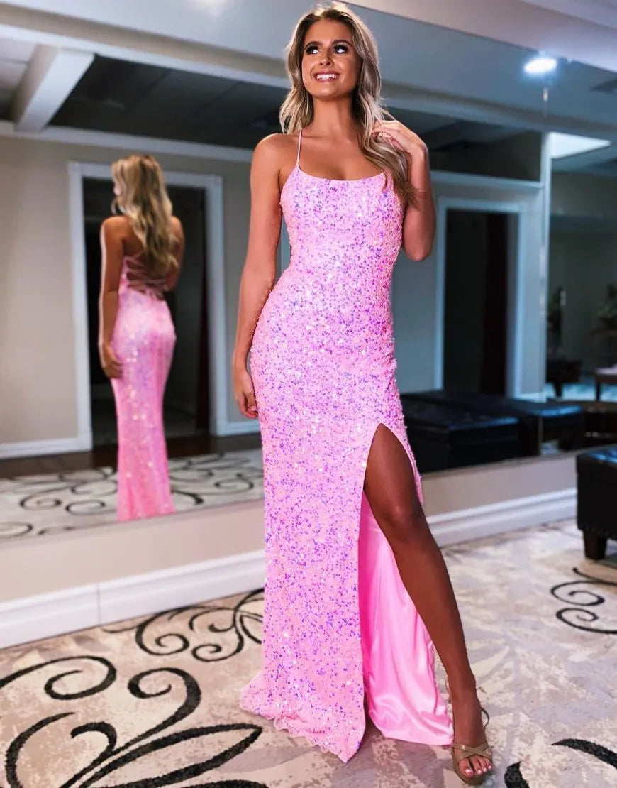 Wholesale Sparkly Sequin Spaghetti Straps Long Prom Evening Dress prom dresses with long sleeves