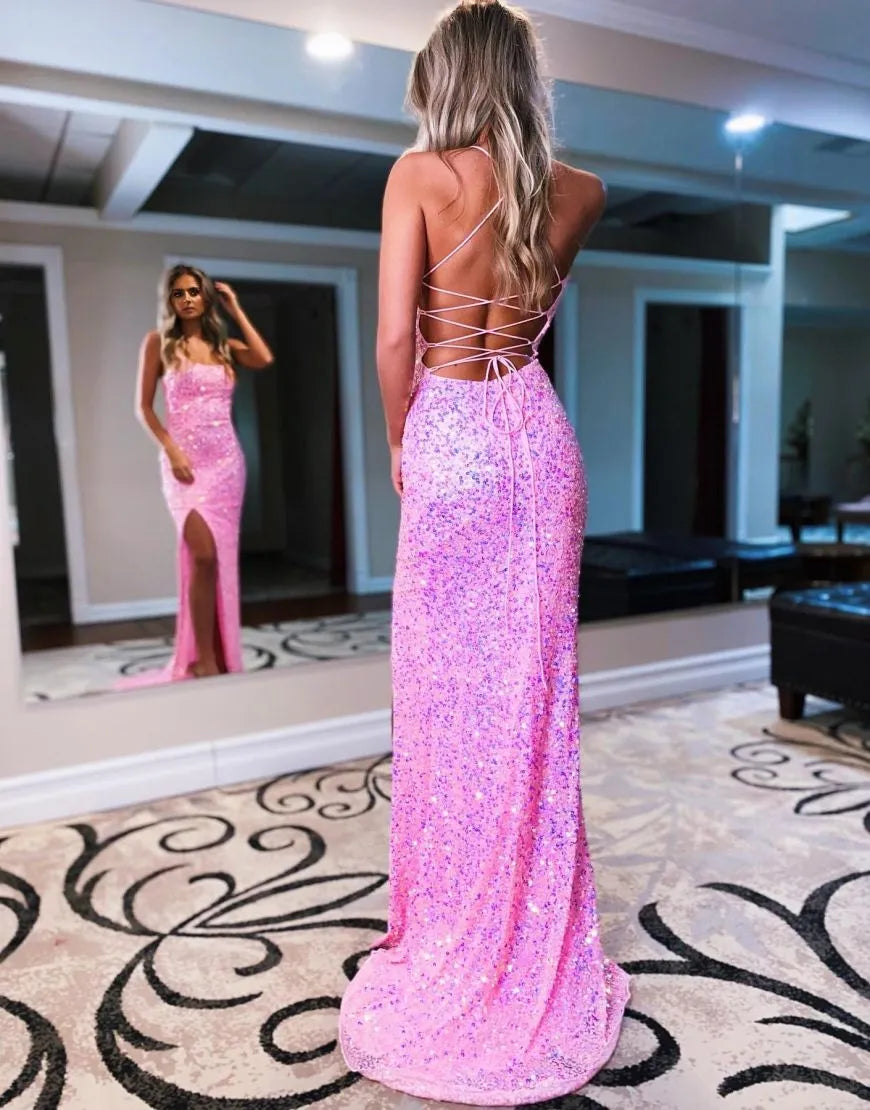 Wholesale Sparkly Sequin Spaghetti Straps Long Prom Evening Dress prom dresses with long sleeves
