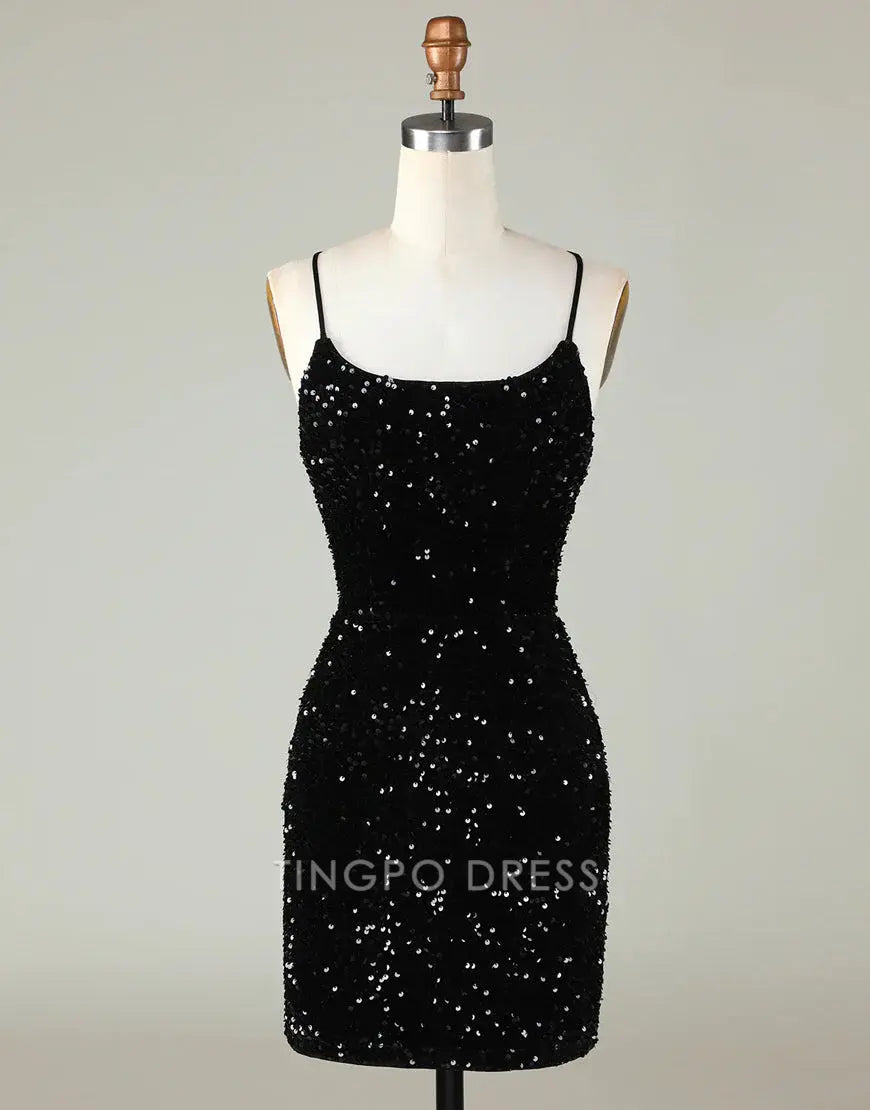 TingPo Wholesale Sparkly Sequin Spaghetti straps Corset Back Tight Homecoming Dress formal wear dresses