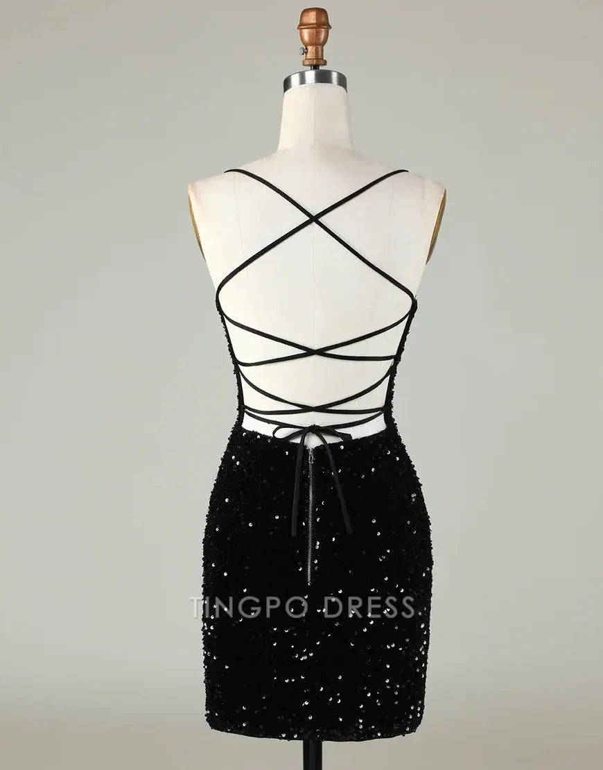 TingPo Wholesale Sparkly Sequin Spaghetti straps Corset Back Tight Homecoming Dress formal wear dresses