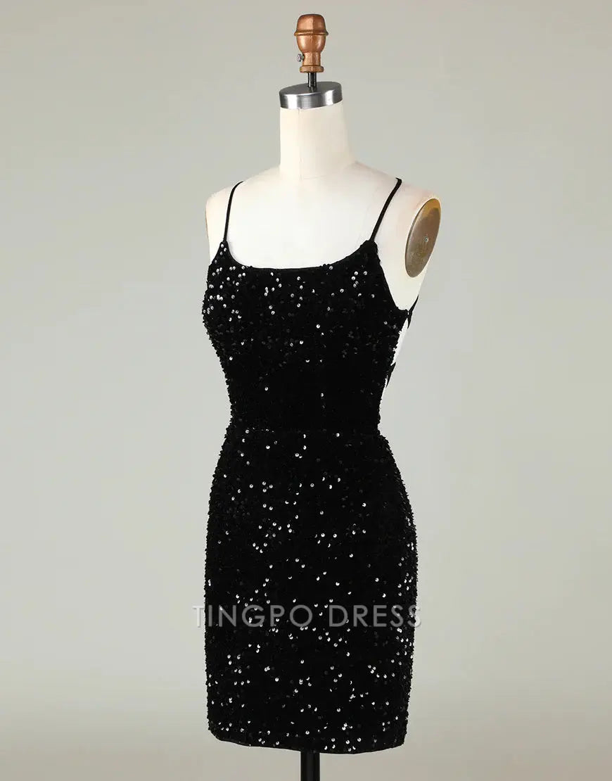TingPo Wholesale Sparkly Sequin Spaghetti straps Corset Back Tight Homecoming Dress formal wear dresses