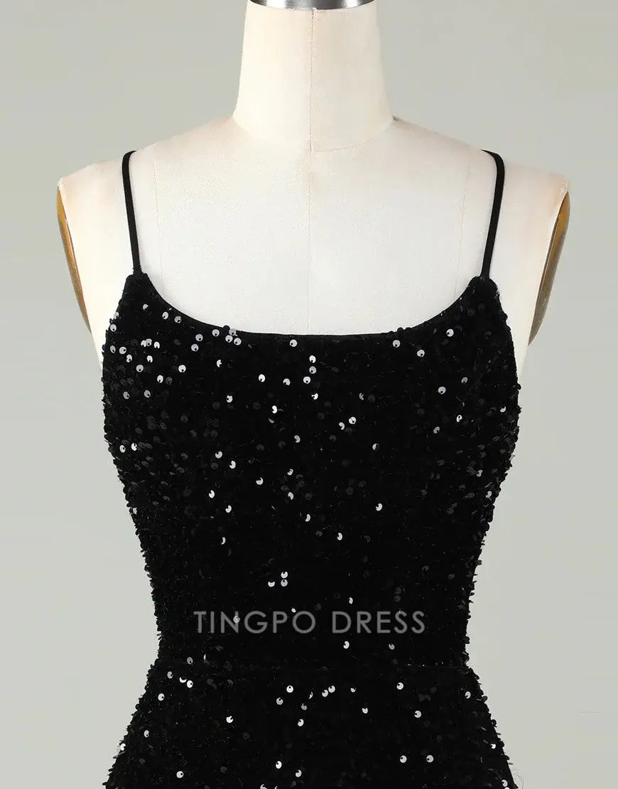 TingPo Wholesale Sparkly Sequin Spaghetti straps Corset Back Tight Homecoming Dress formal wear dresses