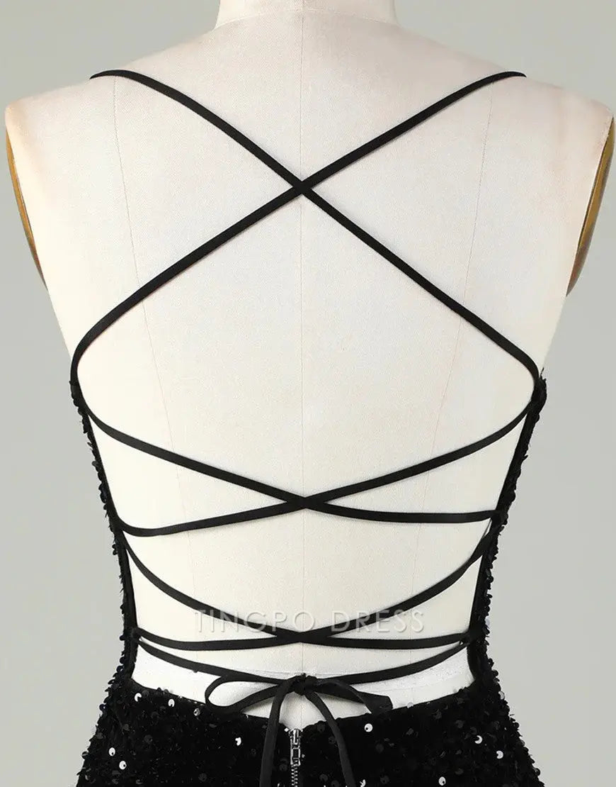 TingPo Wholesale Sparkly Sequin Spaghetti straps Corset Back Tight Homecoming Dress formal wear dresses