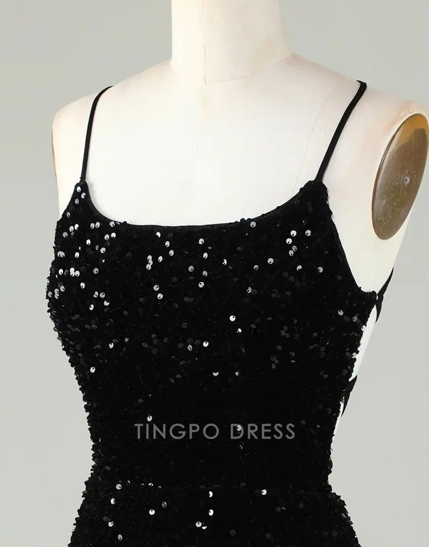 TingPo Wholesale Sparkly Sequin Spaghetti straps Corset Back Tight Homecoming Dress formal wear dresses