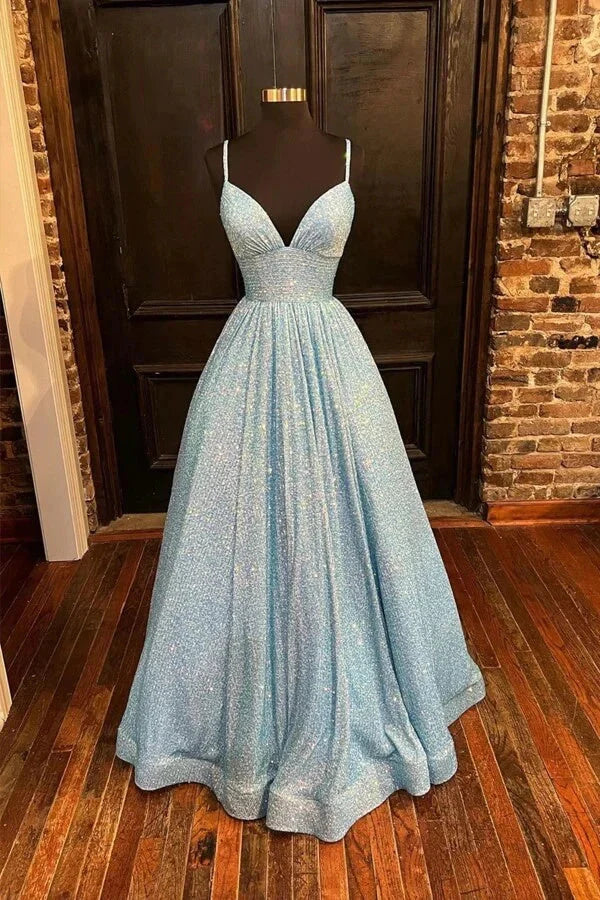 Wholesale Sparkly Sequins Spaghetti Straps Prom Dresses With Pockets