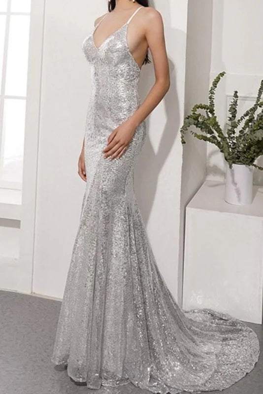 Wholesale Sparkly Silver Sequined Mermaid Spaghetti Straps Sweep Train Prom Dress