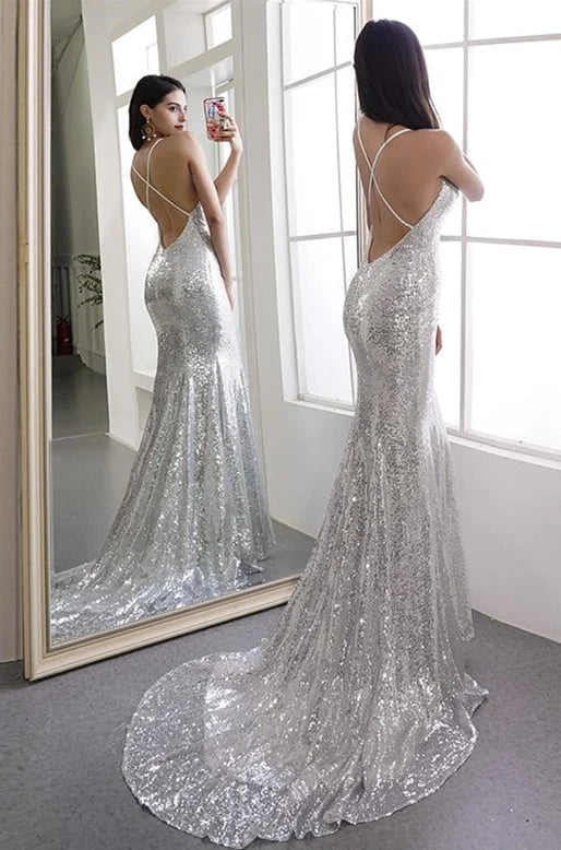 Wholesale Sparkly Silver Sequined Mermaid Spaghetti Straps Sweep Train Prom Dress