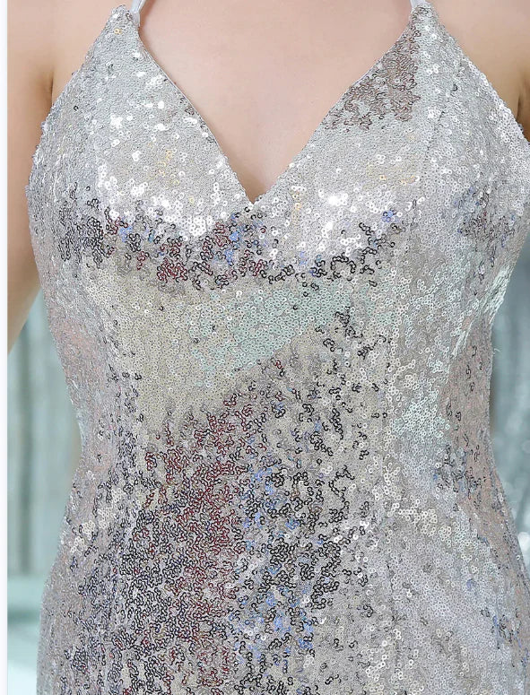 Wholesale Sparkly Silver Sequined Mermaid Spaghetti Straps Sweep Train Prom Dress