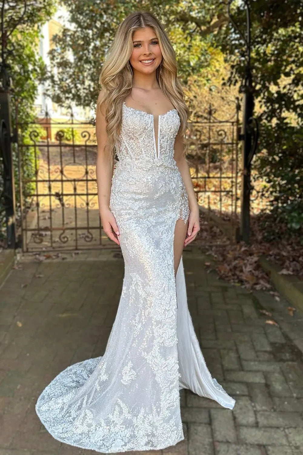 Wholesale Sparkly Spaghetti Straps Lace Up Long Corset Prom Dress With Split long prom dresses with sleeves