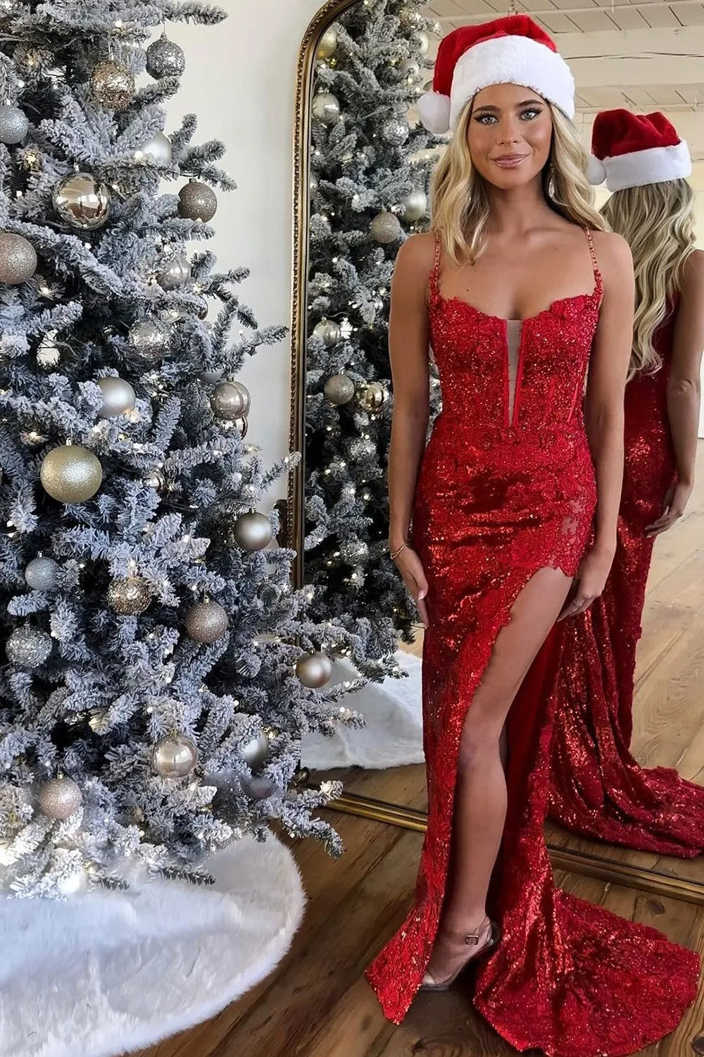 Wholesale Sparkly Spaghetti Straps Lace Up Long Corset Prom Dress With Split long prom dresses with sleeves