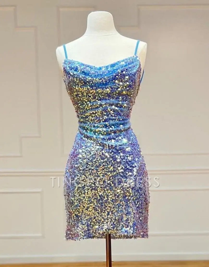 TingPo Wholesale Sparkly Spaghetti Straps Sequin Homecoming Dress formal wear dresses