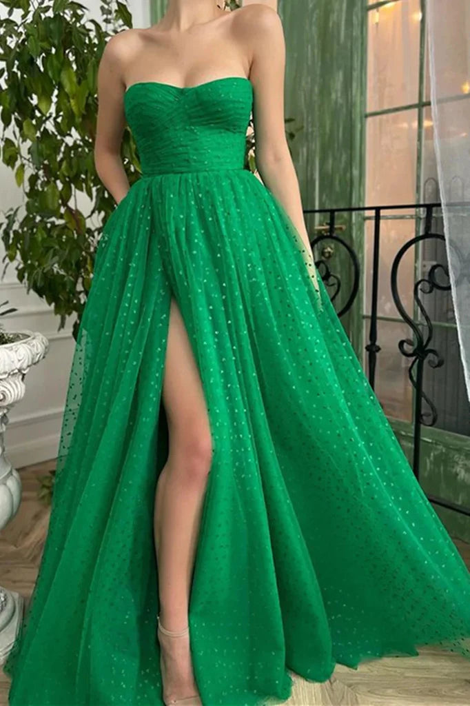 Wholesale Strapless Green Long A Line Tulle Prom Dresses