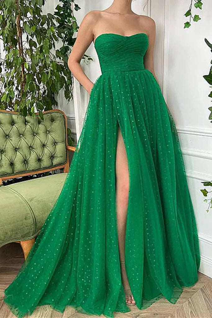 Wholesale Strapless Green Long A Line Tulle Prom Dresses