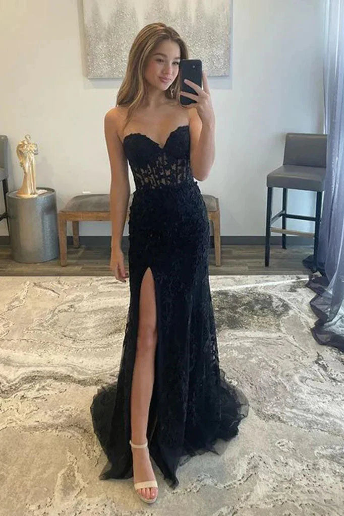 Wholesale Sweetheart Mermaid Black Lace Long Prom Dresses