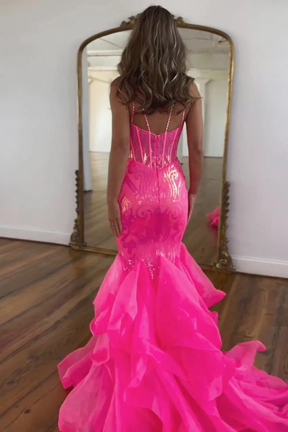 Wholesale Stunning Hot Pink Mermaid Spaghetti Straps Long Glitter Prom Dress With Ruffles