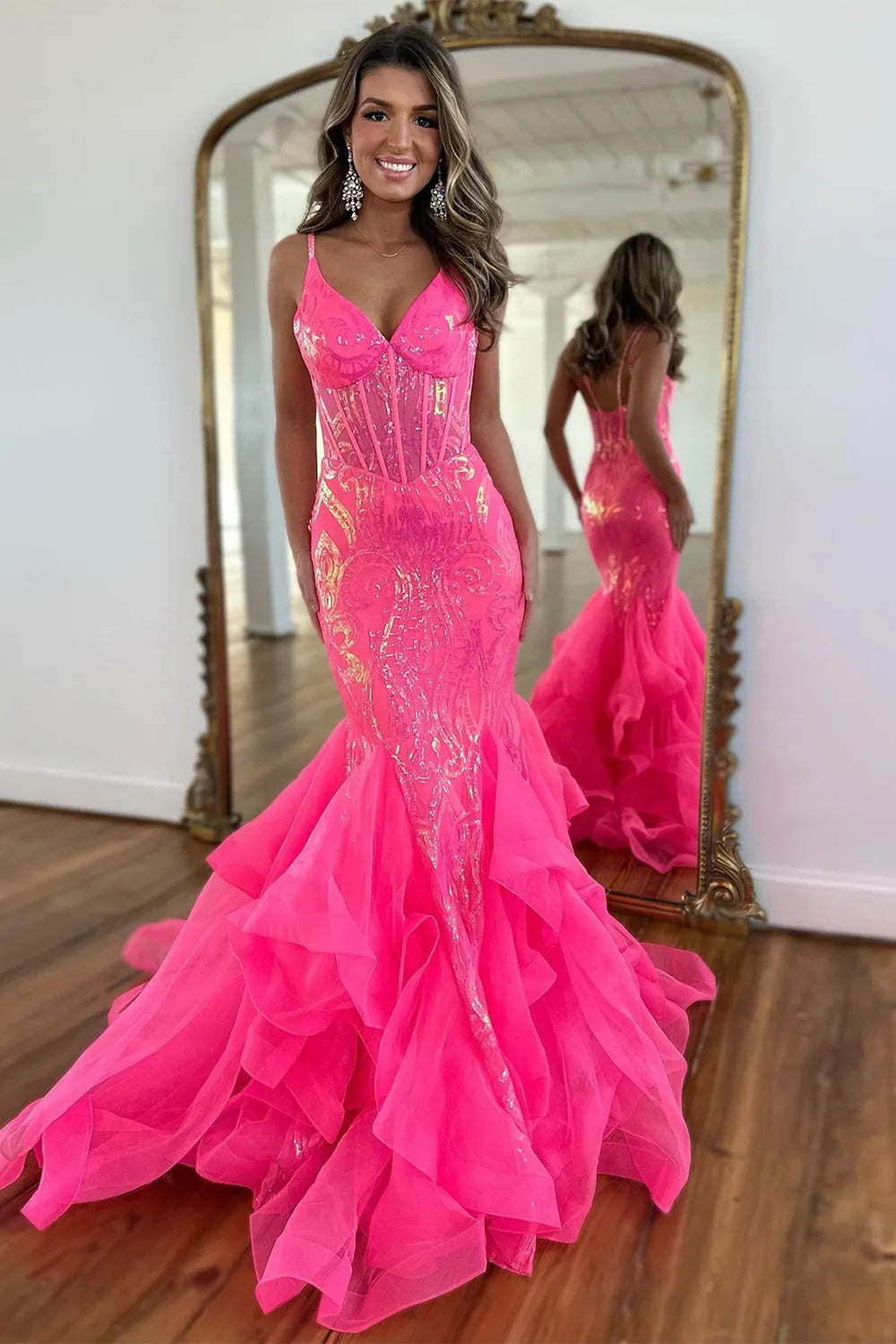 Wholesale Stunning Hot Pink Mermaid Spaghetti Straps Long Glitter Prom Dress With Ruffles