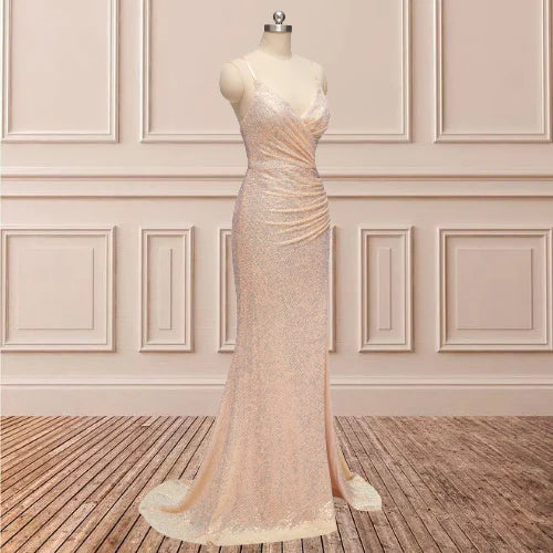 Wholesale Stunning Sheath Spaghetti Straps V Neck Sequin Slit Prom Dress