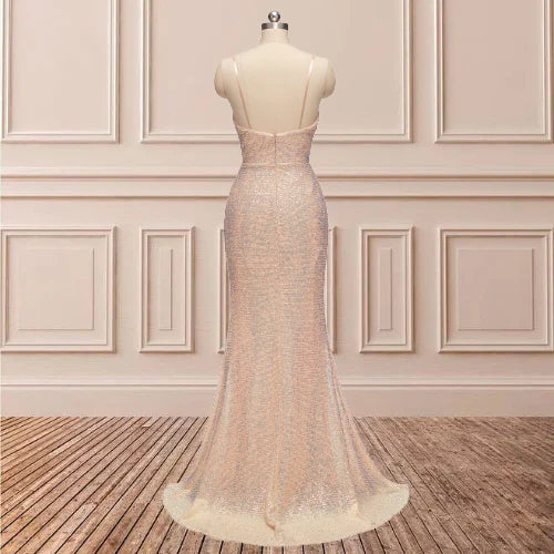 Wholesale Stunning Sheath Spaghetti Straps V Neck Sequin Slit Prom Dress