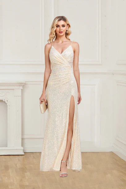 Wholesale Stunning Sheath Spaghetti Straps V Neck Sequin Slit Prom Dress