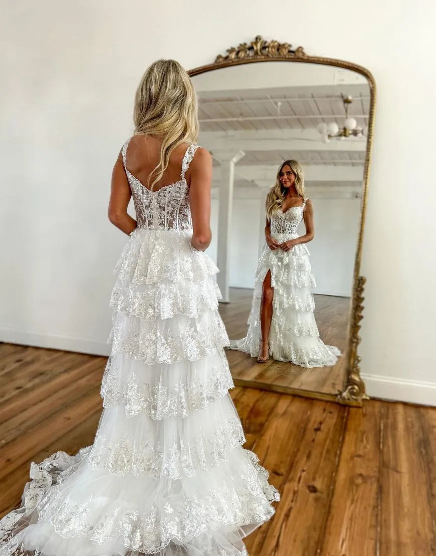 Wholesale Stunning A-Line Lace Tiered Prom Dress With Split