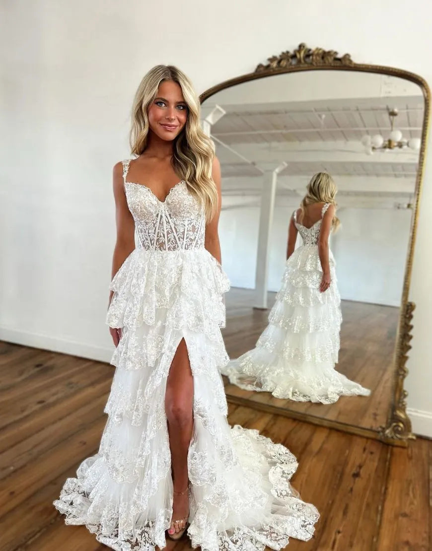 Wholesale Stunning A-Line Lace Tiered Prom Dress With Split