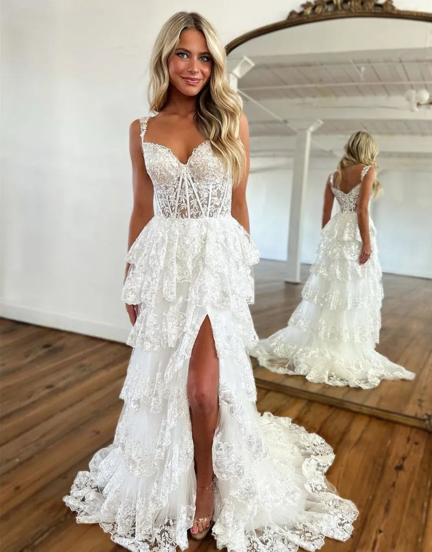 Wholesale Stunning A-Line Lace Tiered Prom Dress With Split