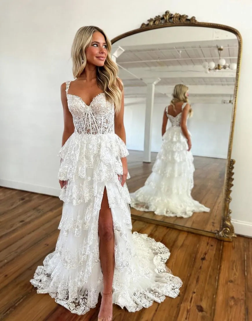 Wholesale Stunning A-Line Lace Tiered Prom Dress With Split