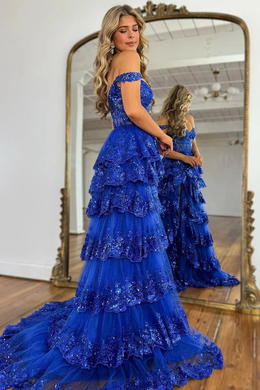 Wholesale Stunning Glitter A-Line Off The Shoulder Long Tiered Prom Dress With Split prom dresses with long sleeves