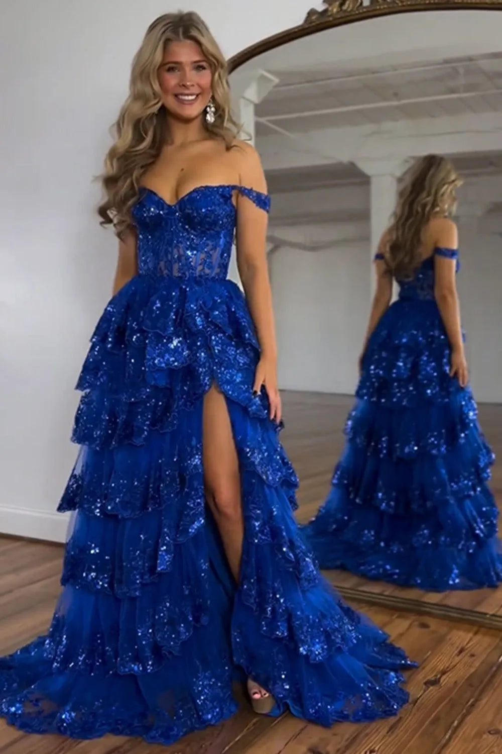 Wholesale Stunning Glitter A-Line Off The Shoulder Long Tiered Prom Dress With Split prom dresses with long sleeves