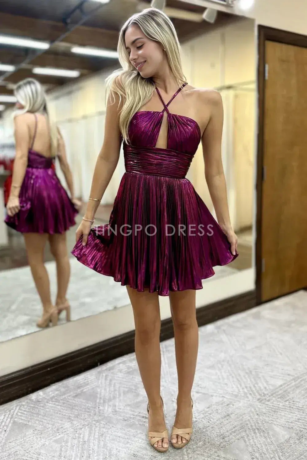 TingPo Wholesale Elegant Stylish A-Line Open Back Short Metallic Homecoming Dress with Pleating formal wear dresses