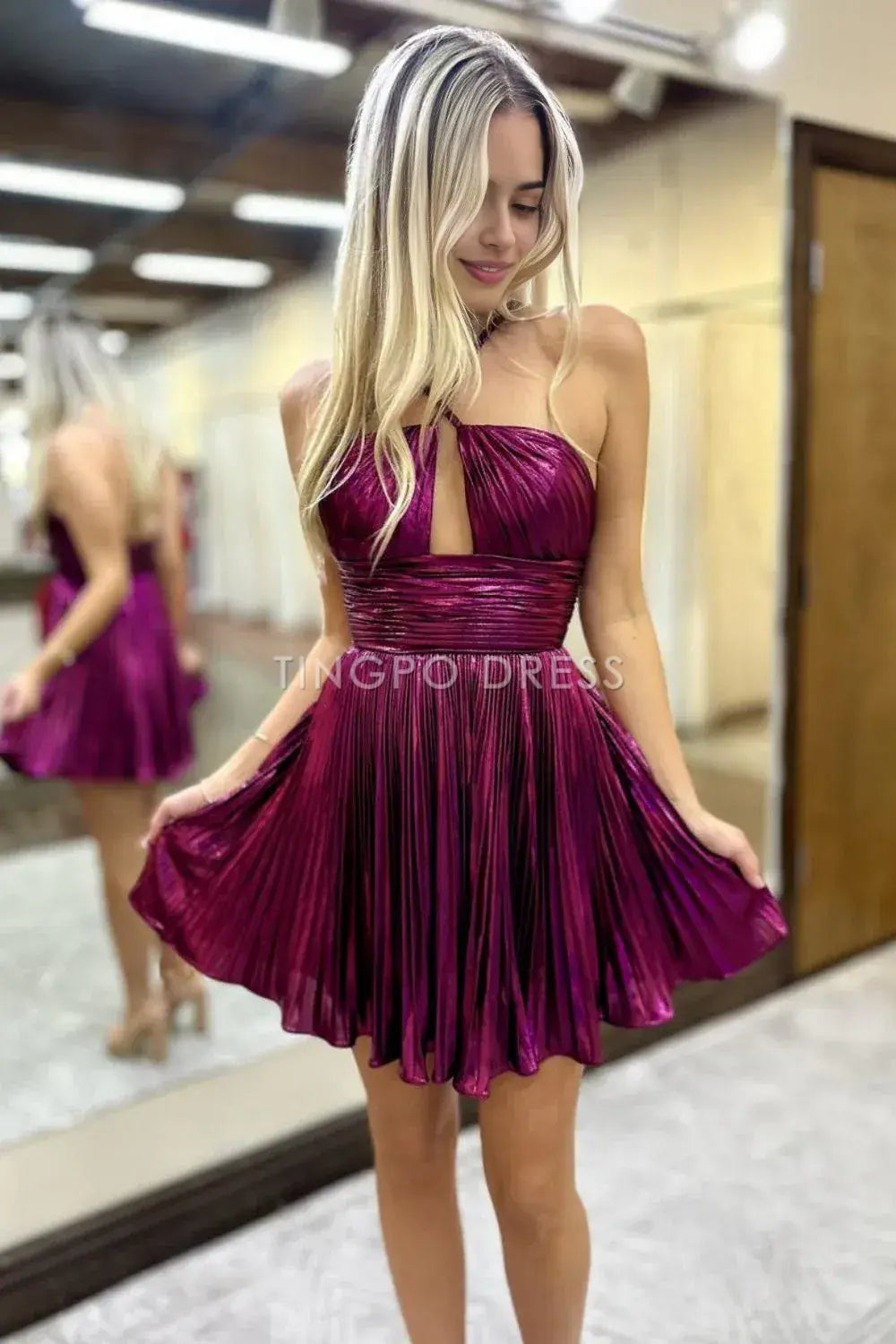 TingPo Wholesale Elegant Stylish A-Line Open Back Short Metallic Homecoming Dress with Pleating formal wear dresses
