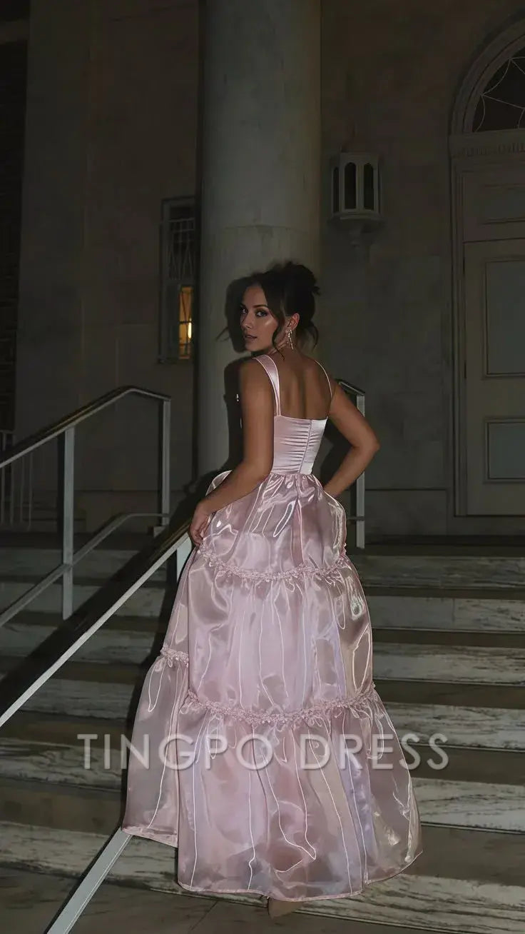 TingPo Wholesale Stylish A Line Spaghetti Straps Pink Long Prom Dress with Lace