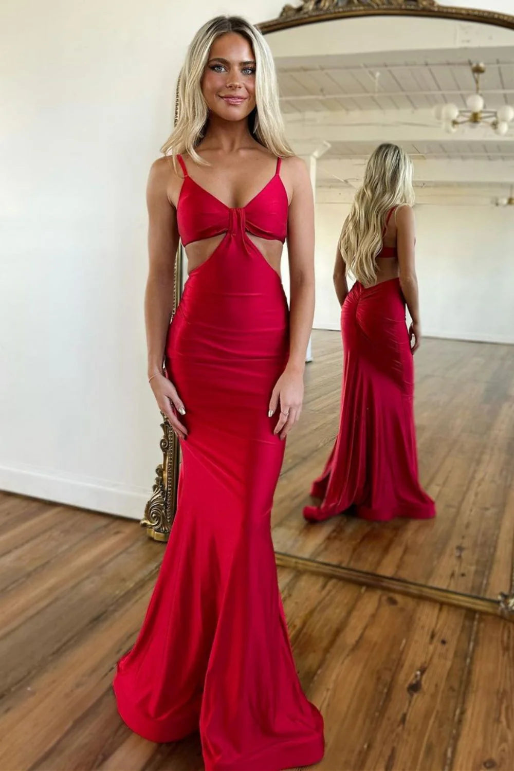 TingPo Wholesale Stylish Mermaid Spaghetti Straps Long Red Satin Prom Dress