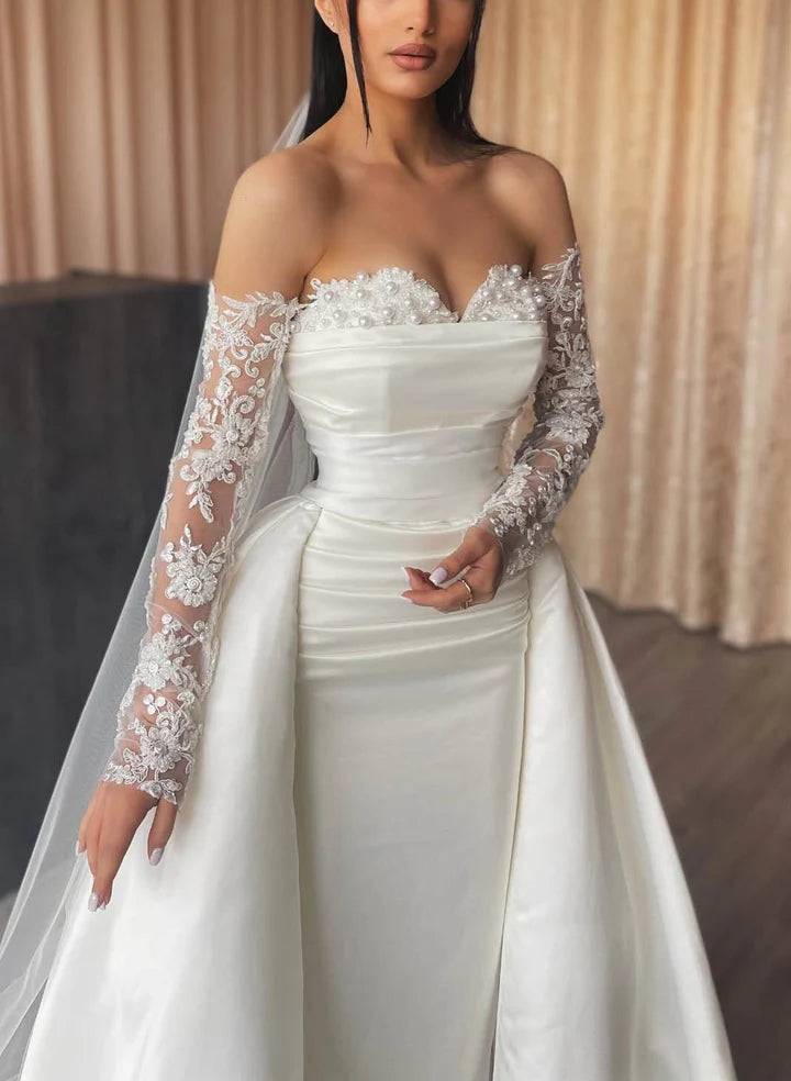 Wholesale Sheath/Column Off-The-Shoulder Floor-Length Lace Wedding Dress
