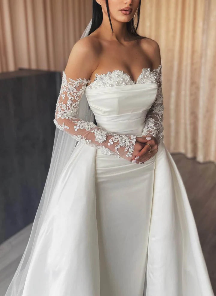 Wholesale Sheath/Column Off-The-Shoulder Floor-Length Lace Wedding Dress