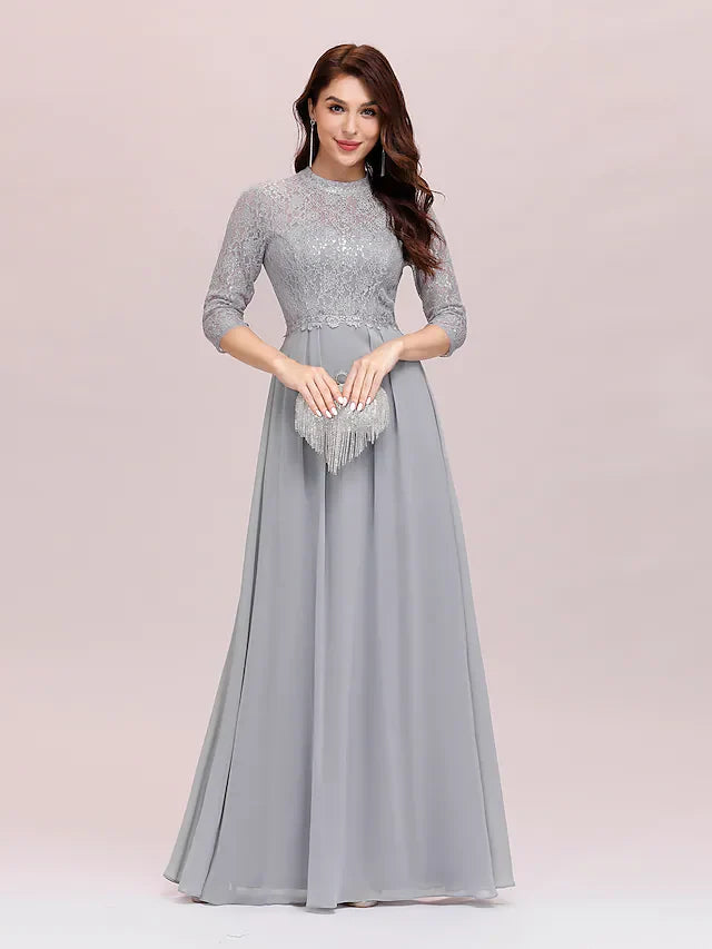 Wholesale A-Line Mother of the Bride Dress Plus Size Elegant Jewel Neck Floor Length Chiffon Lace Length Sleeve with Lace