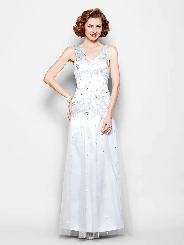Wholesale Mother of the Bride Dress Sparkle & Shine V Neck Floor Length Lace Tulle Sleeveless with Lace Beading