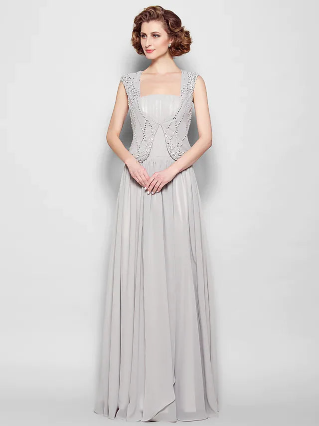 Wholesale A-Line Mother of the Bride Dress Vintage Inspired Square Neck Floor Length Chiffon Sleeveless with Beading Draping