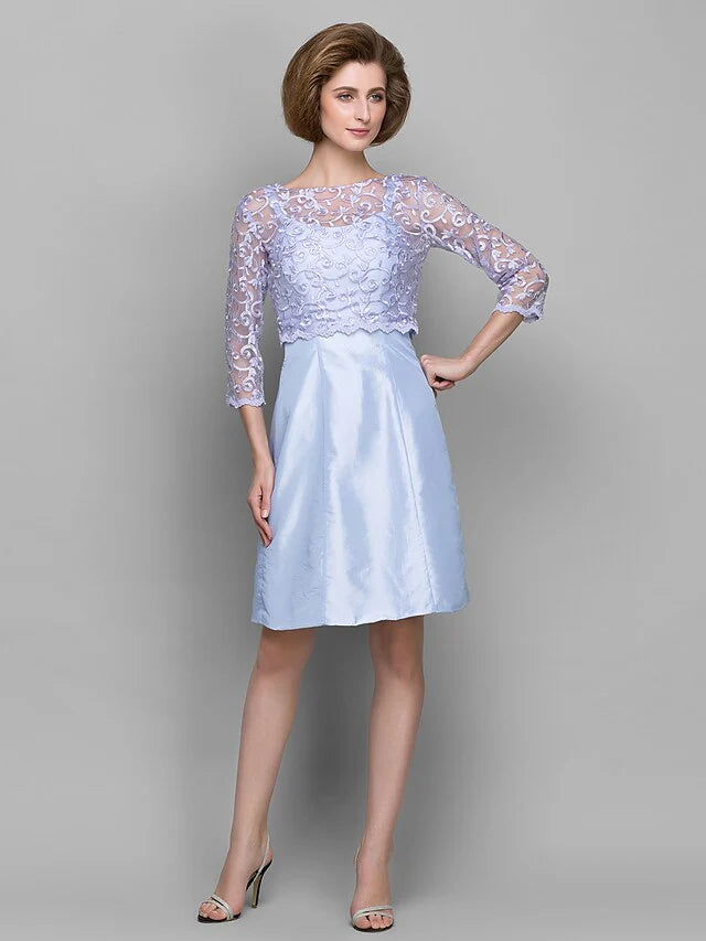 Wholesale Mother of the Bride Dress Convertible Dress Bateau Neck Knee Length Lace Taffeta Length Sleeve with Lace