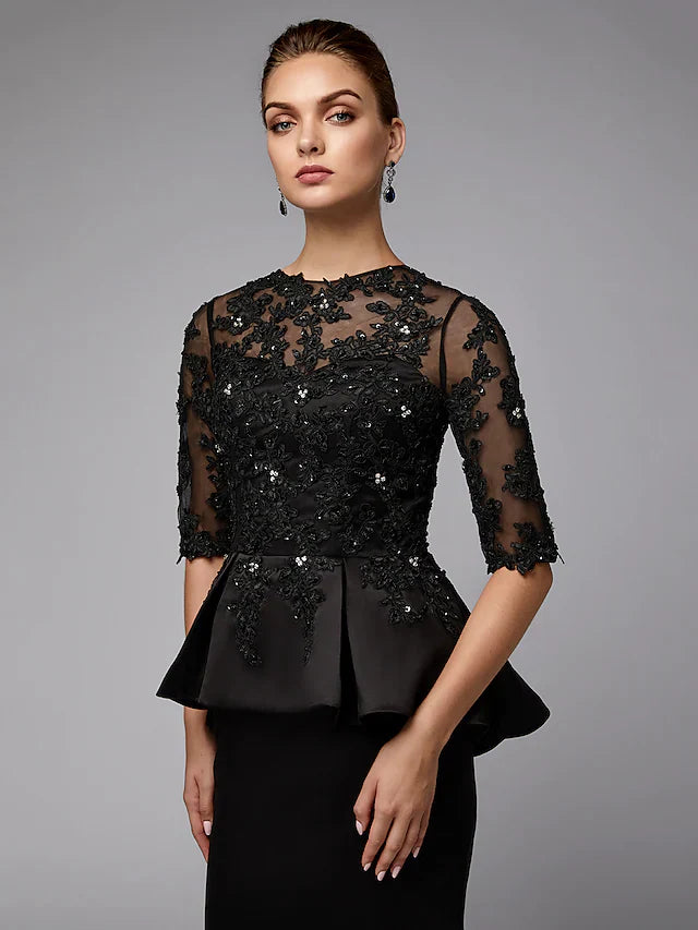 Wholesale Mother of the Bride Dress Sexy See Through Jewel Neck Lace Satin Half Sleeve with Beading Appliques